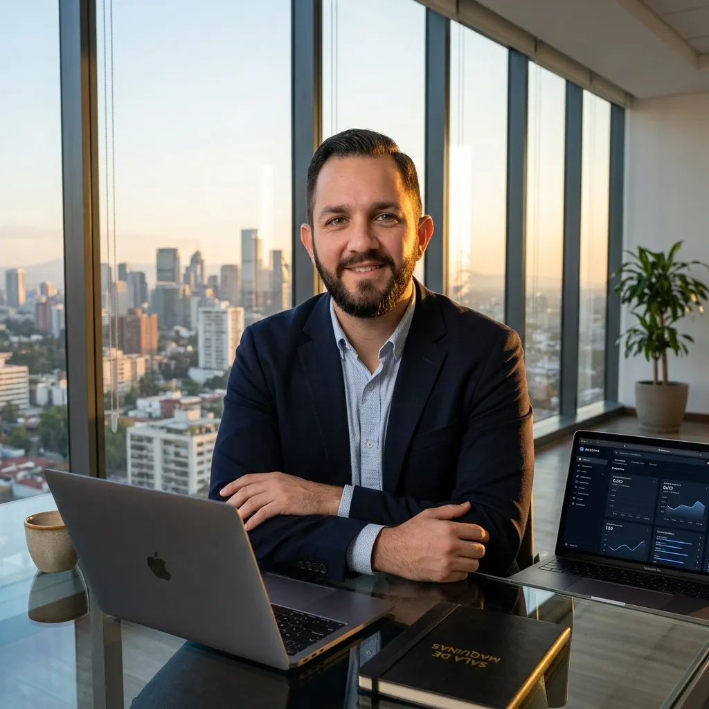 Jose Cappuccio en su mesa de trabajo, con la ciudad al fondo